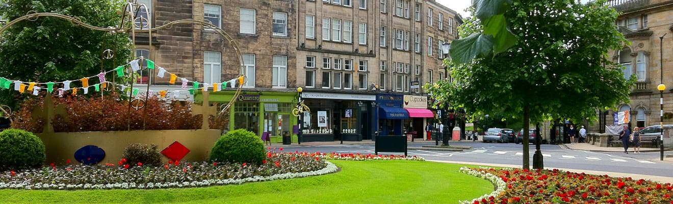Scenic view of Harrogate town centre with floral displays